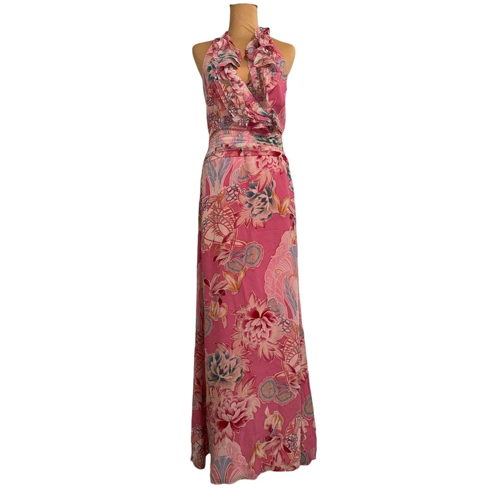 Kay Unger New York Pink Floral 100%Silk Ruffle Halter Maxi Dress Size 4 S#121249 - Picture 2 of 9